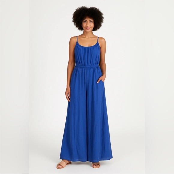 Haute Hippie Pants - Haute Hippie blue linen wide leg jumpsuit sz L